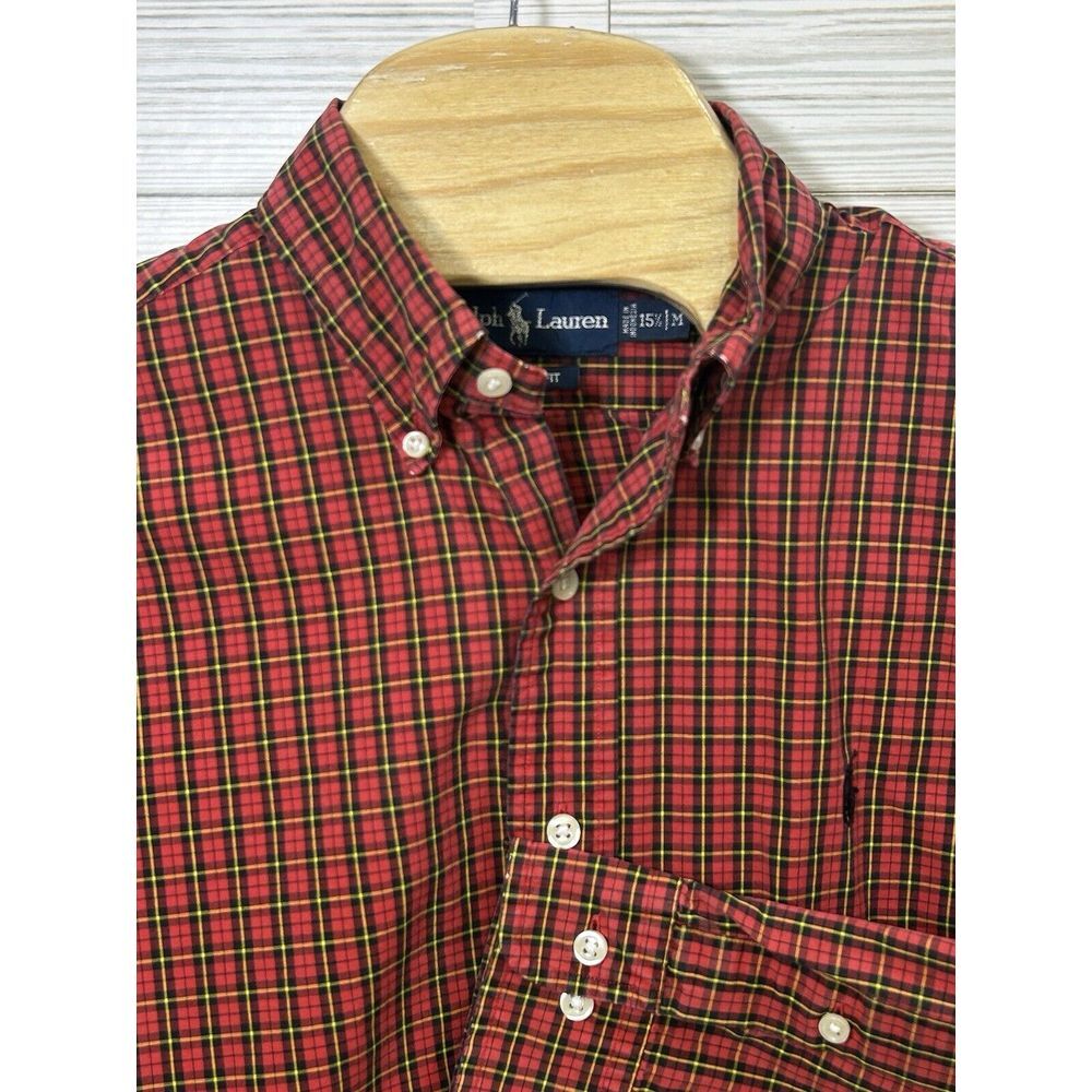 Ralph Lauren Men's Red Black‎ Yellow Multicolor Plaid Check M Classic Fit Cotton